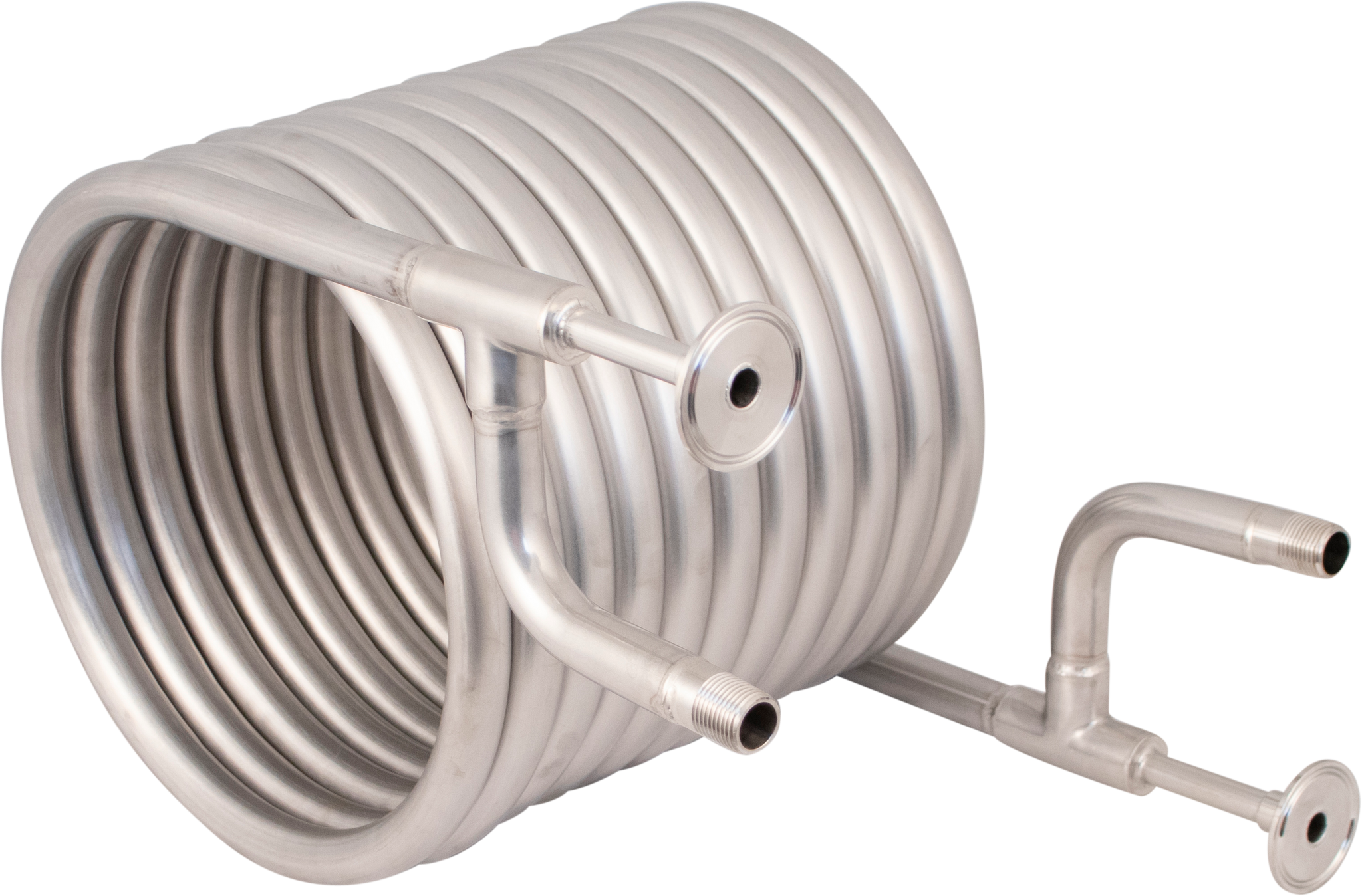 Convoluted counterflow chiller (1.5" Tri-clamp fittings, 1/2" BSP/NPT water hose connections)