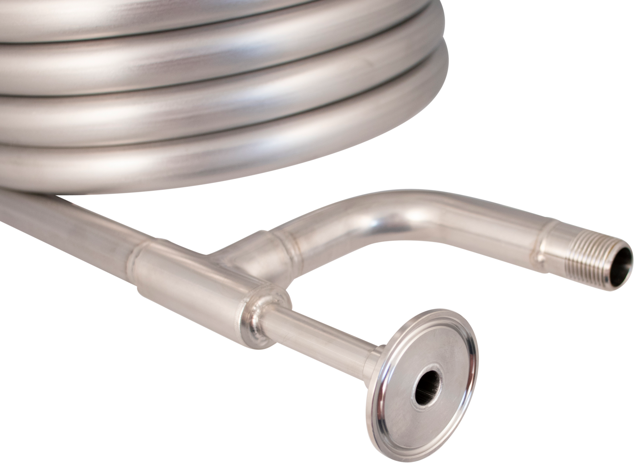 Convoluted counterflow chiller (1.5" Tri-clamp fittings, 1/2" BSP/NPT water hose connections)