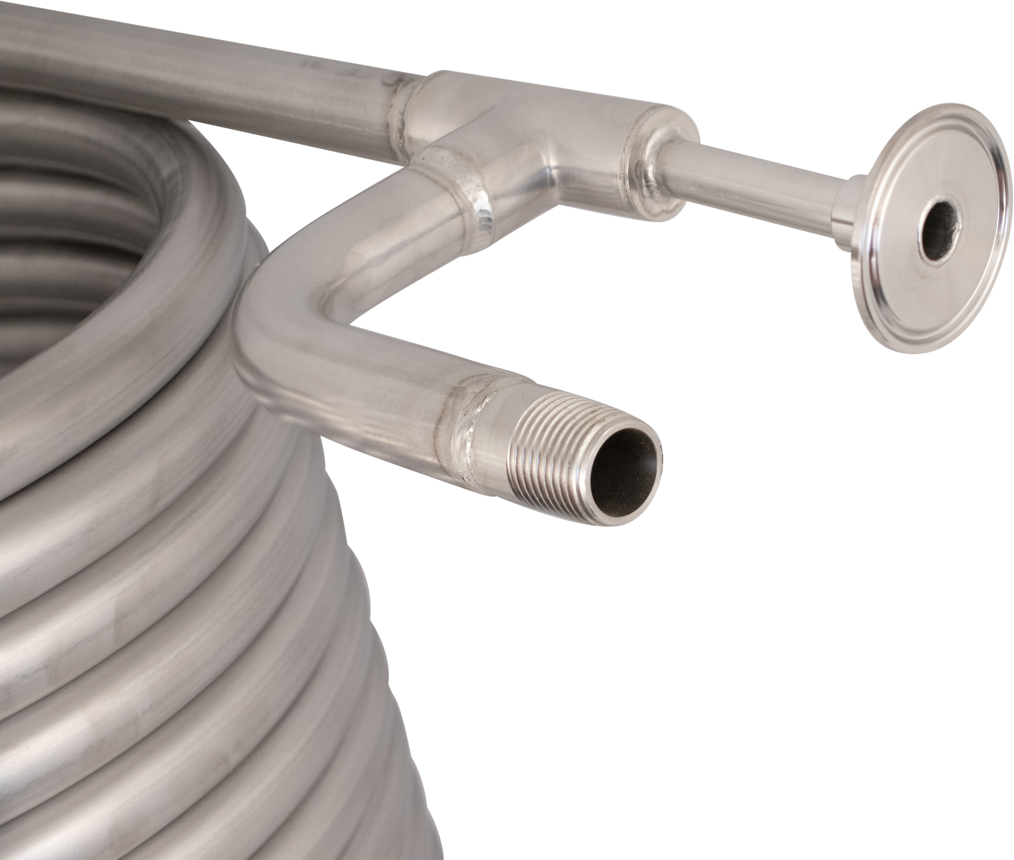 Convoluted counterflow chiller (1.5" Tri-clamp fittings, 1/2" BSP/NPT water hose connections)