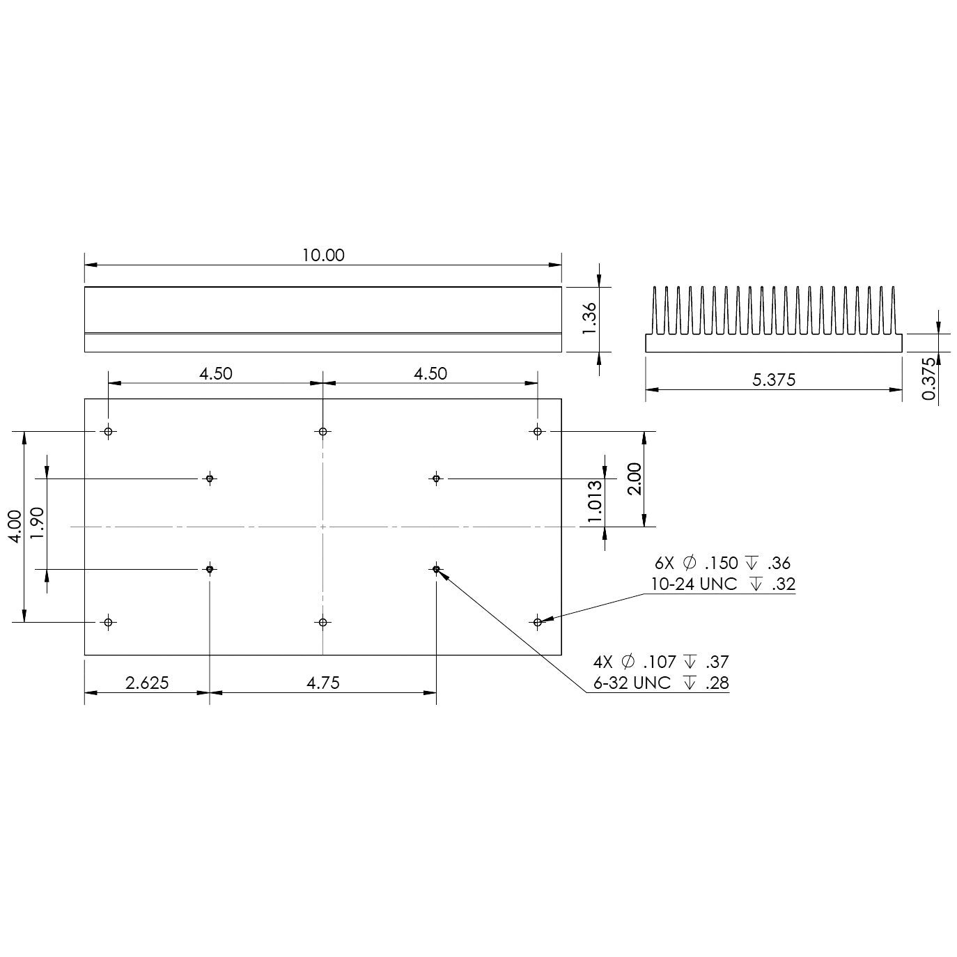 Custom black anodized heat sink, 10" x 5.375" x 1.375"
