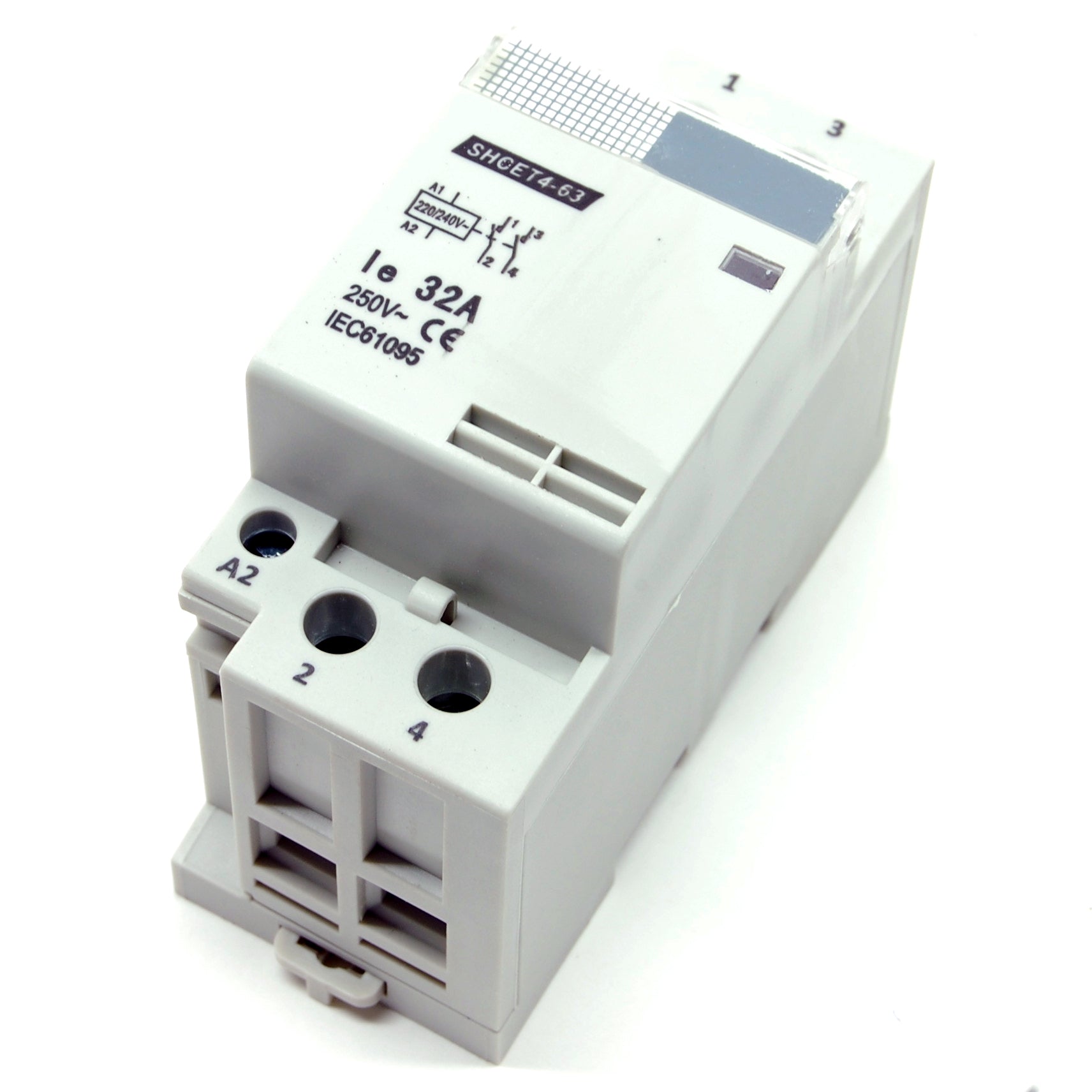 32A/250V DPST contactor, 220-240V AC coil, DIN rail mount
