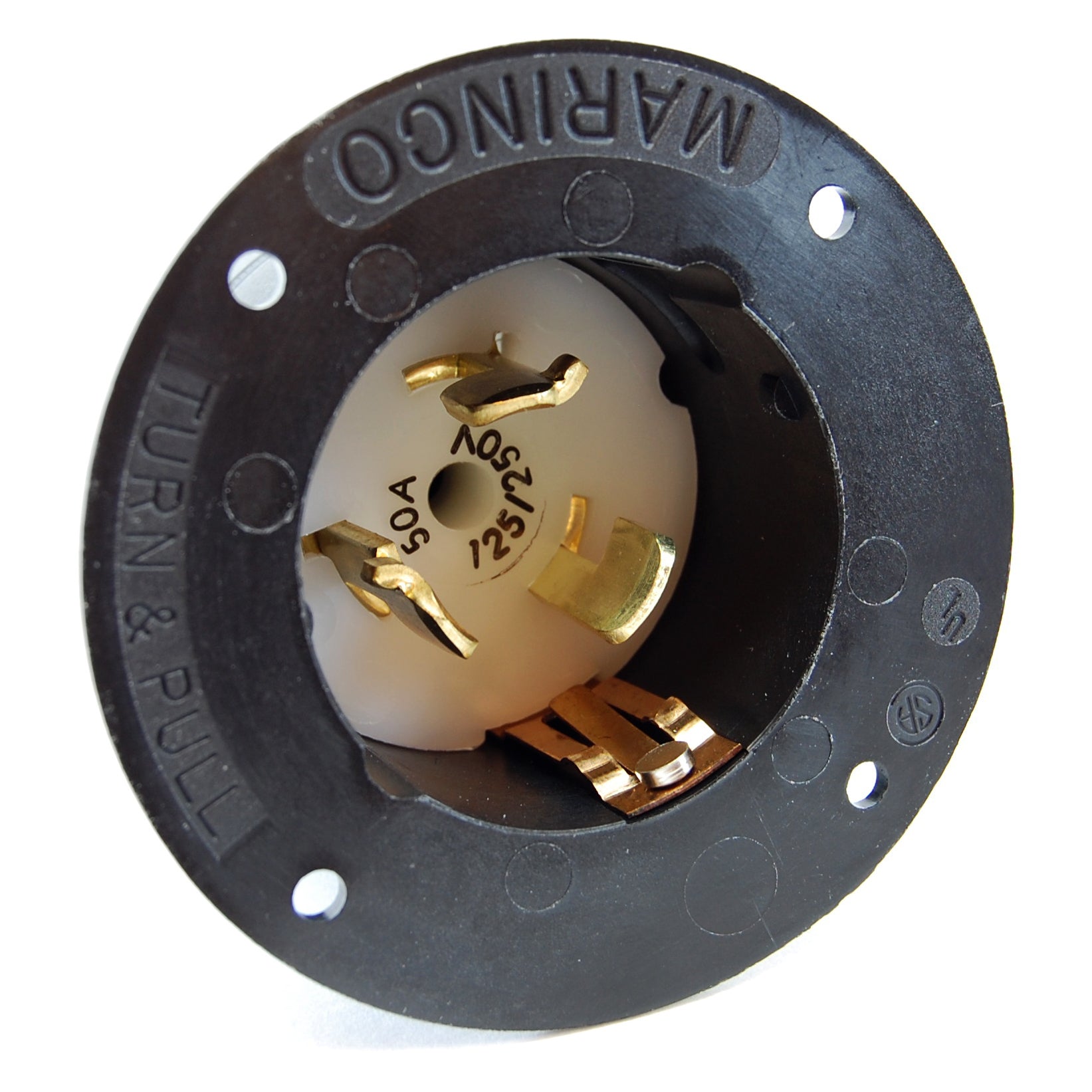 Locking grounded California-style male receptacle (125/250VAC, 50A)