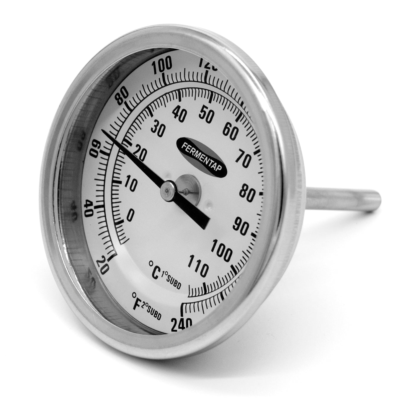 Stainless steel bi-metal thermometer, 1/2" NPT male, 2.5" probe