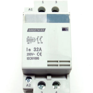 32A/250V DPST contactor, 220-240V AC coil, DIN rail mount