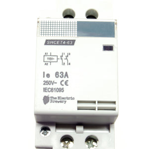 63A/250V DPST contactor, 110-120V AC coil, DIN rail mount